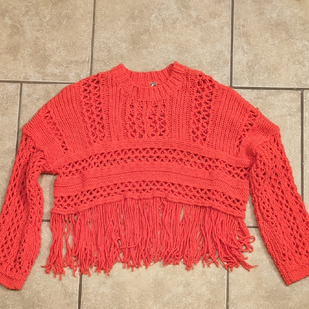 Free People Higher Love Boxy Cropped Crochet Cable Knit Fringe Sweater